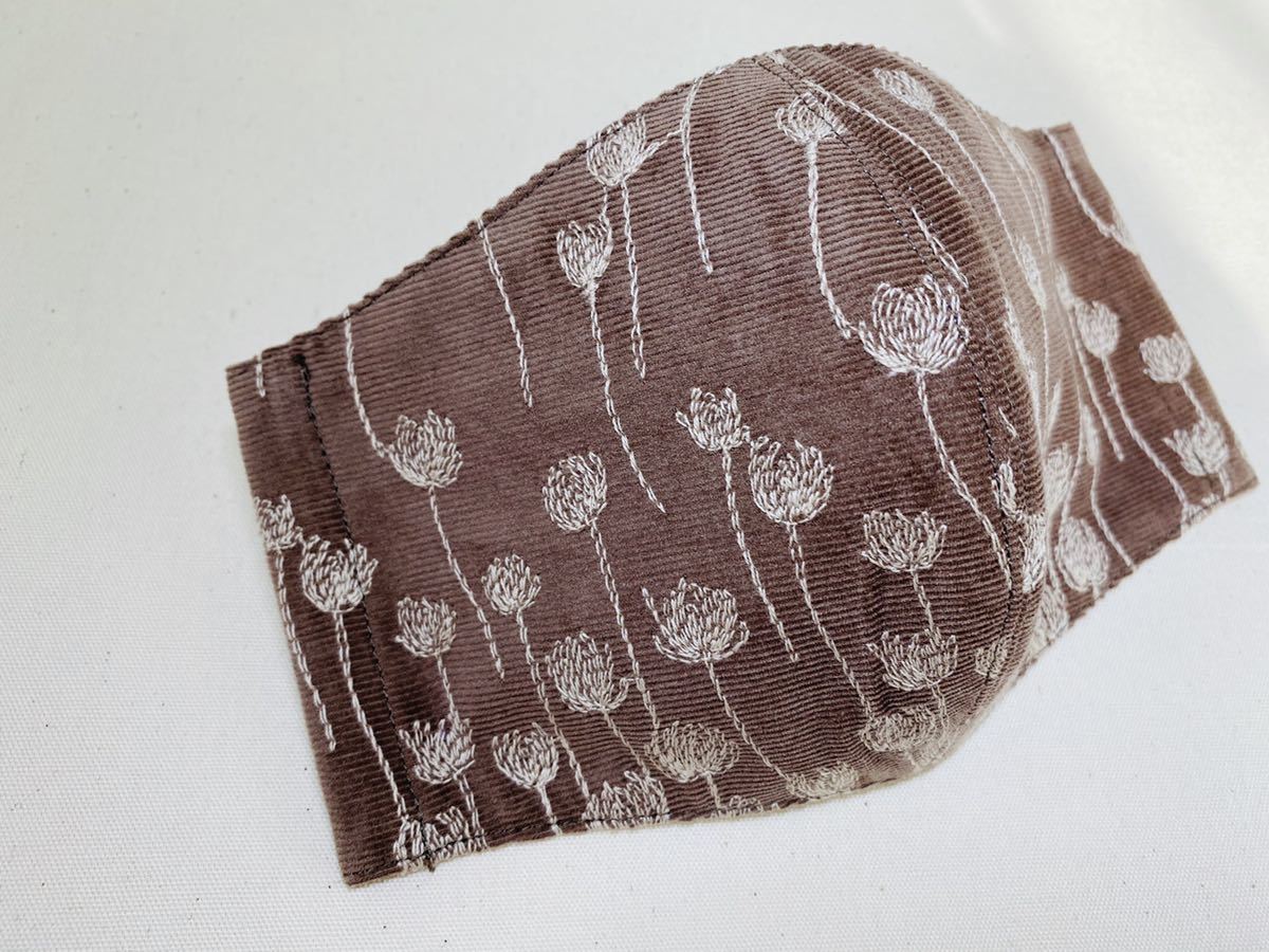 ☆ハンドメイド☆マスクカバー インナーマスク　コーデュロイ　モカブラウン　花柄　刺繍　秋冬　_3