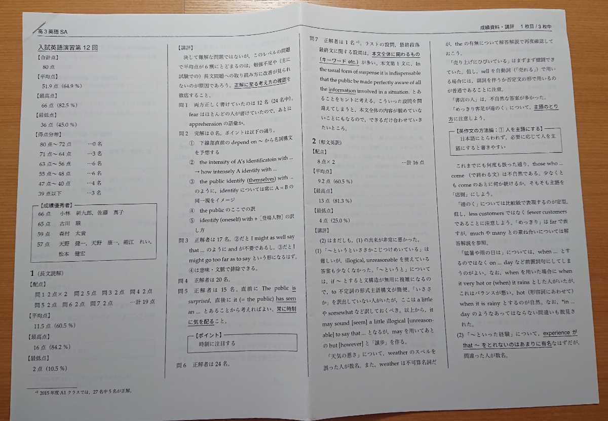 岡先生 高3英語 SAクラス】 鉄緑会 大阪校 入試英語演習 岡先生作成の