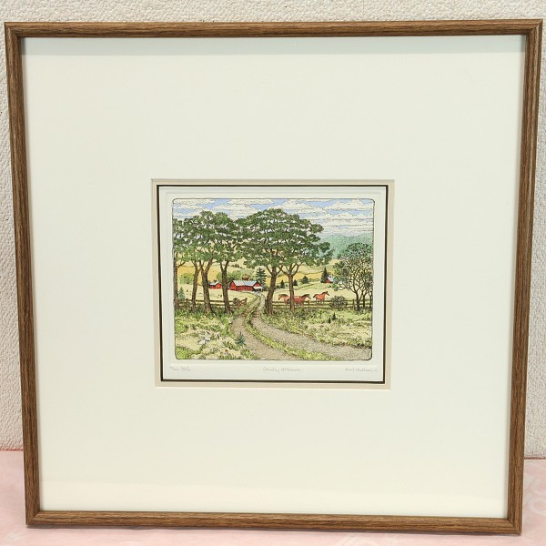 スーザン ハント ウォルコッツ 銅版画 12/300 手彩 真作保証 中古 【2m29】 S.HUNT-WULKOWICZ Country afternoonl 額縁 壁掛 長期保管品