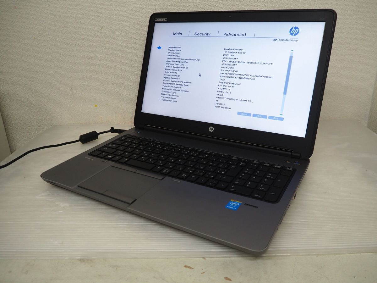 ハード王】HP ProBook650G1/Corei7-4610M/4GB/HDD無/バイオスOK/10617