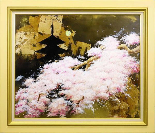 真作】【WISH】立川広己「桜舞う」油彩 20号 大作 金箔仕様 ◇一枚の絵 