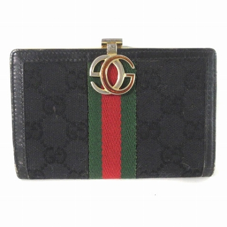 グッチ GUCCI 二つ折り 財布 がま口 GGキャンバス レザー シェリー