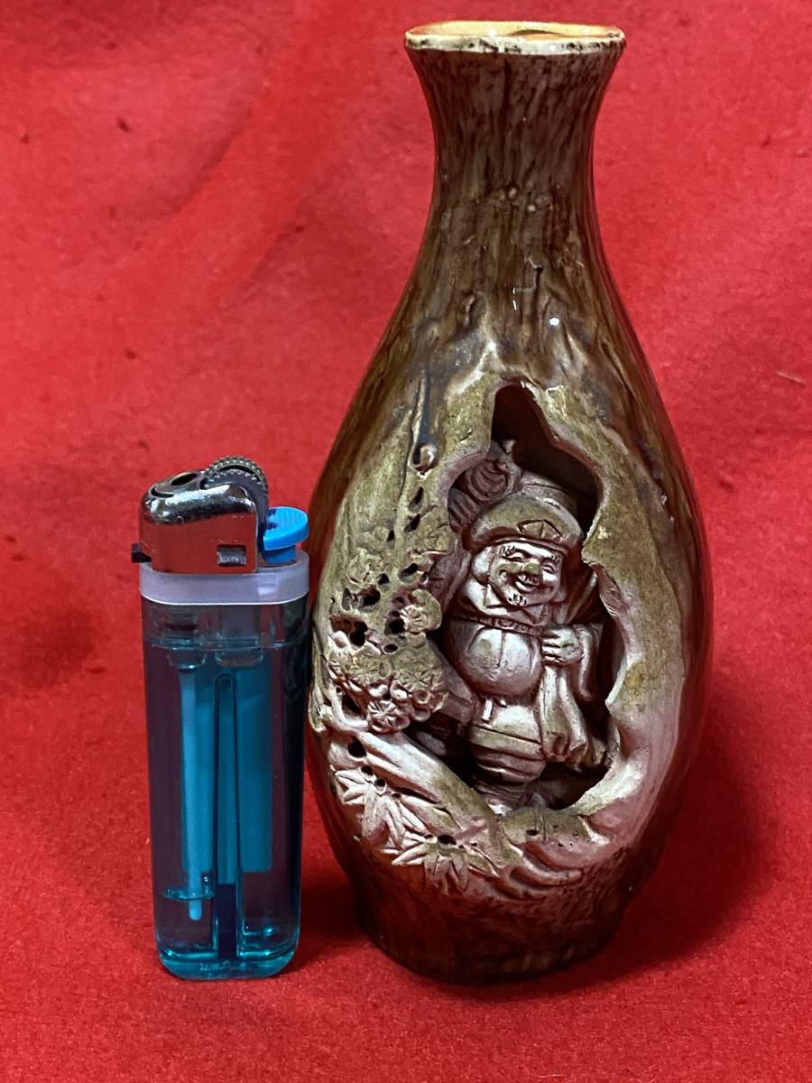 花瓶 水月焼 大黒天 山水彫 洞窟彫 花器 花入れ 細密彫刻 検）佐々木二