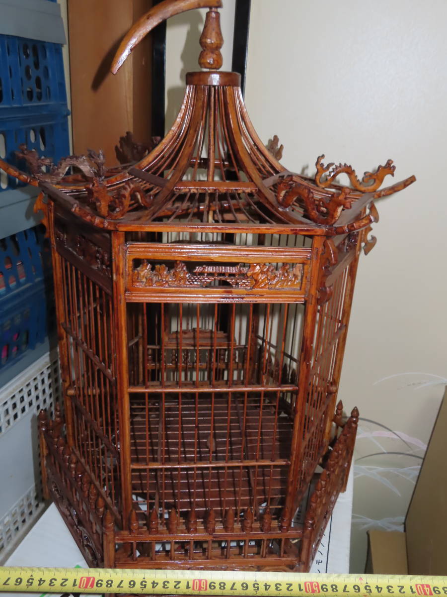 中国 鳥籠 鳥かご 六角形龍彫り 細密彫り 大きな55cm(鳥かご)｜売買され