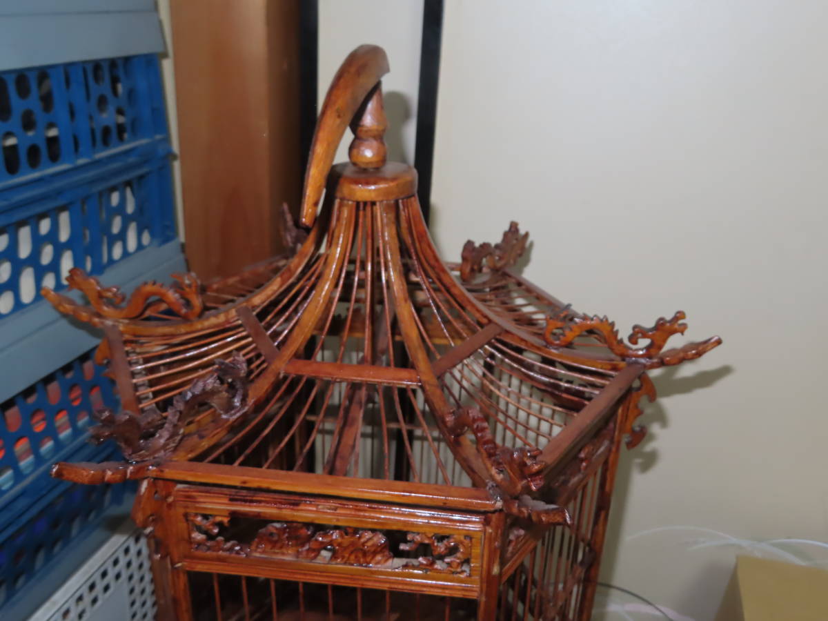 中国 鳥籠 鳥かご 六角形龍彫り 細密彫り 大きな55cm(鳥かご)｜売買され