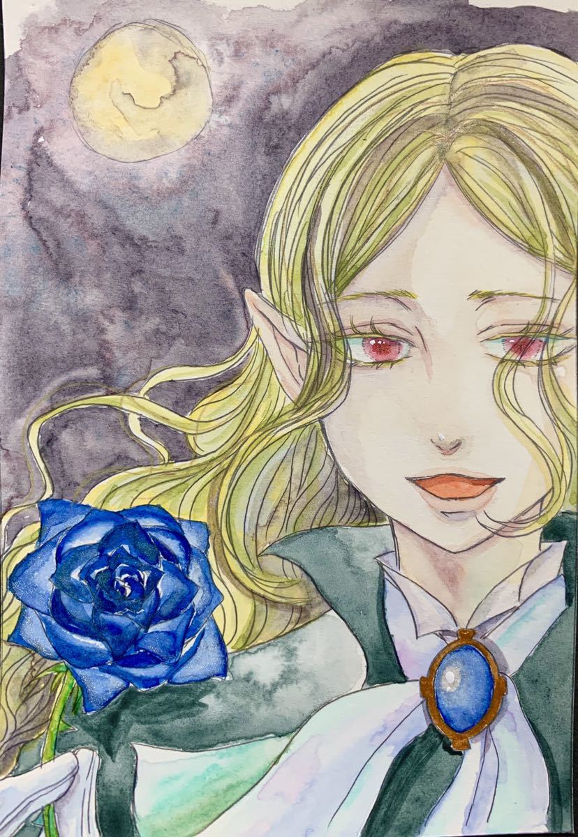 手描きイラスト オリジナル ハガキサイズ バラの女の子 最も完璧な