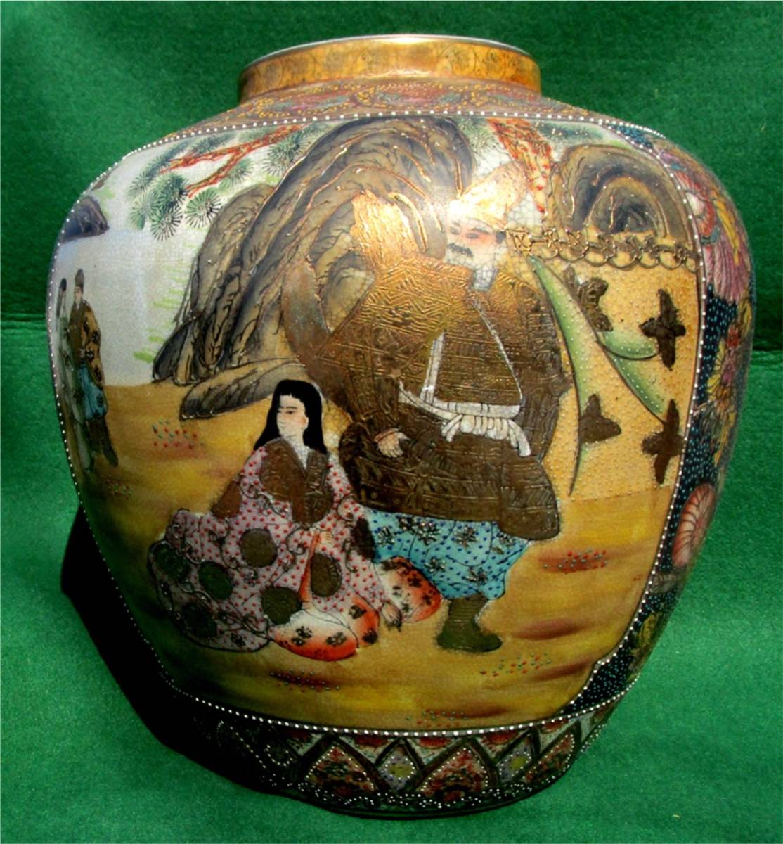 薩摩焼 金彩色絵 花瓶 色絵 花生 工芸品 インテリア 陶磁器 壷 金襴手