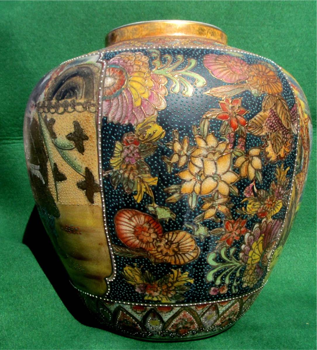 薩摩焼 金彩色絵 花瓶 色絵 花生 工芸品 インテリア 陶磁器 壷 金襴手