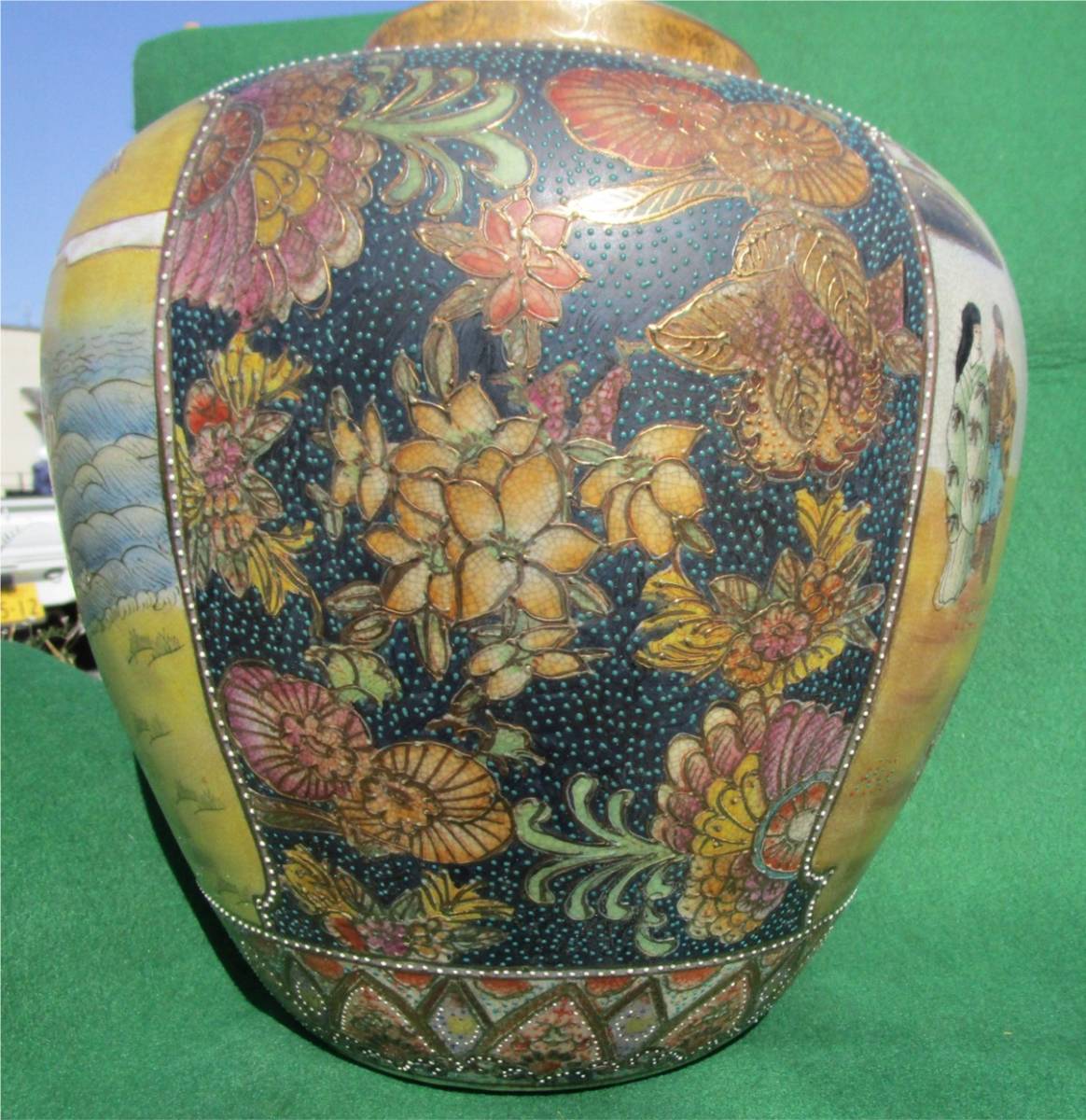 薩摩焼 金彩色絵 花瓶 色絵 花生 工芸品 インテリア 陶磁器 壷 金襴手