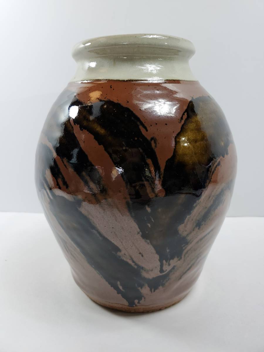 423 益子焼 民芸作家 佐久間藤太郎 作 柿釉刷毛目花瓶 共箱付き