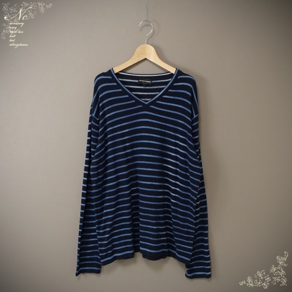 値下☆訳あり特価!USED*EMPORIO ARMANI/エンポリオアルマーニ/XL/イタリア製/カシミヤ混ムラ染めグラデーションボーダーニットカットソー