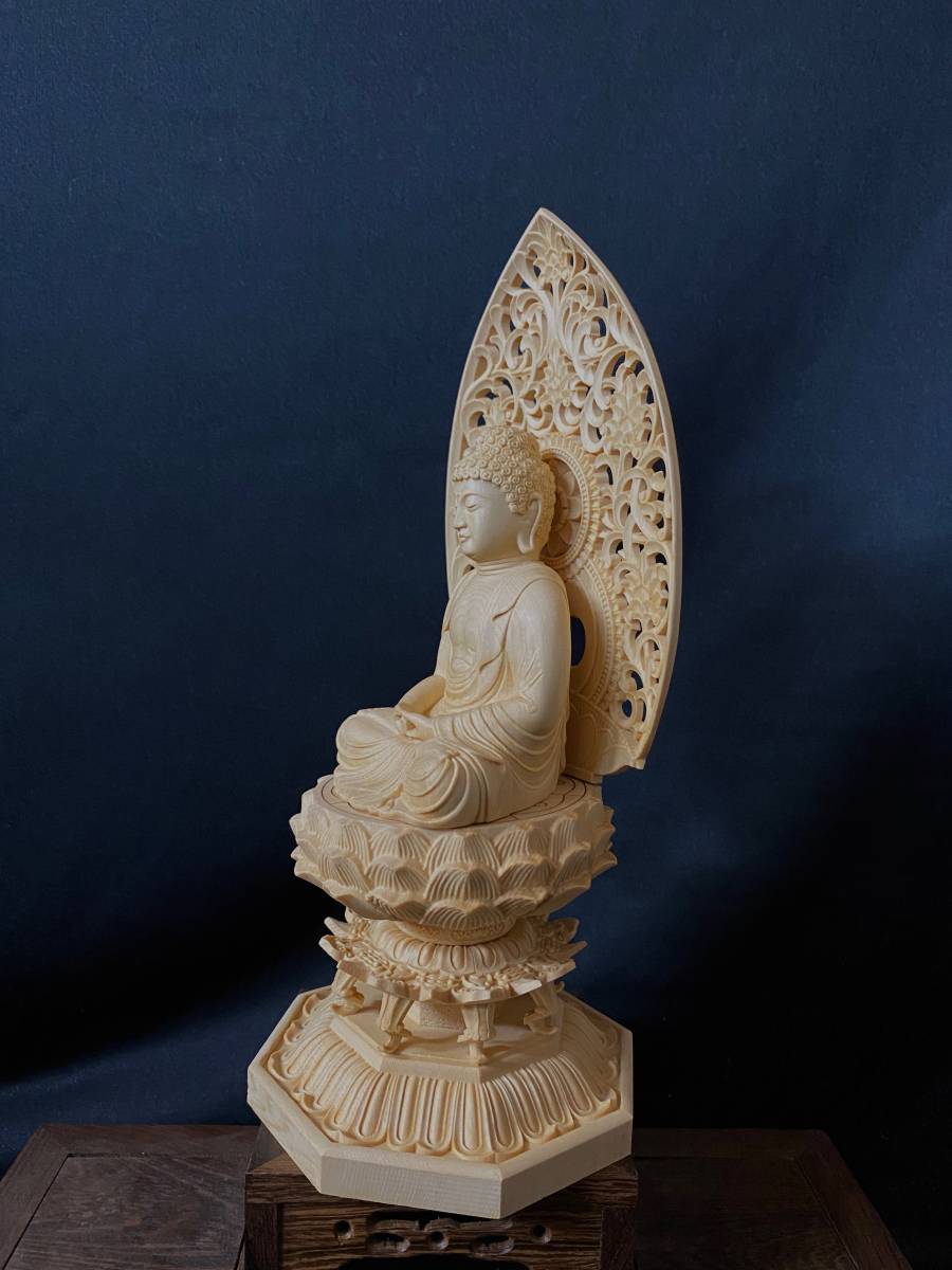 【宫沢】 精密細工   壁畫   時代彫刻   稀少珍品   彫刻工芸品 美術品 極上品□月光観音菩薩立像 総檜材 仏教工芸品 木彫