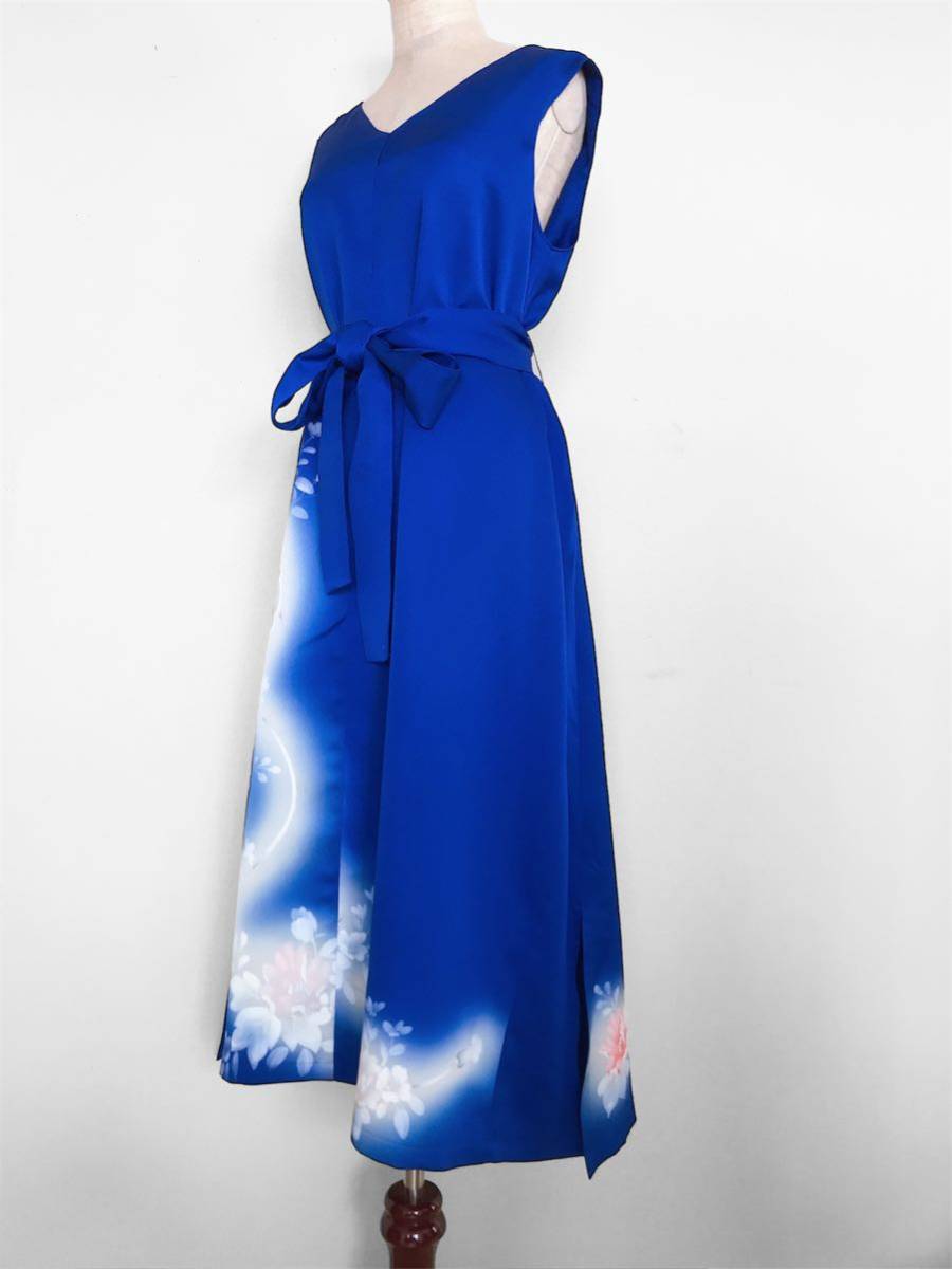 心和 着物リメイク Vネック スリットワンピース ミモレ丈ドレス 和柄 植物文様 フォーマル衣装 青系 M Ll ハンドメイド 一点物 ワンピース 売買されたオークション情報 Yahooの商品情報をアーカイブ公開 オークファン Aucfan Com