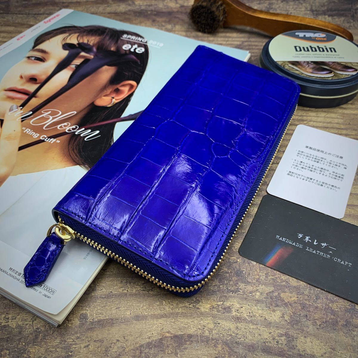 クロコダイル 長財布(ラウンドファスナー/上級センター部位/ハンドメイド/ブルー色/本物/腹革使用/本ワニ革/中艶/新品未使用/実物写真)