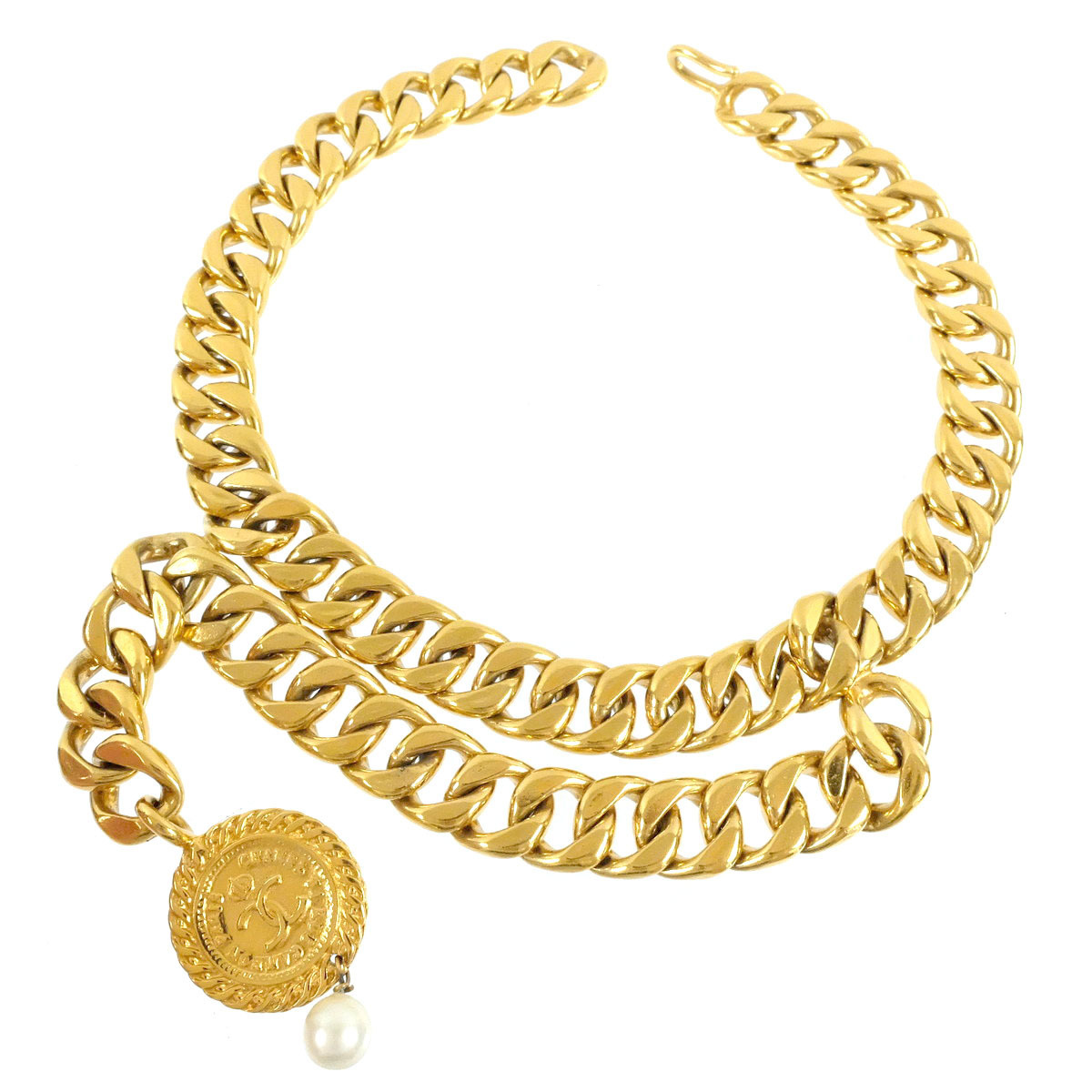 期間限定 綺麗【CHANELシャネル】コインモチーフ ココマーク フェイクパール チョーカー 太チェーンネックレス 金ゴールド ヴィンテージ