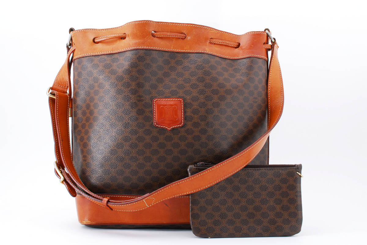 1円スタート】CELINE セリーヌ マカダム 巾着ショルダーバッグ クロス 