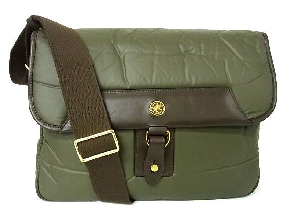 1円 ■美品■ HUNTING WORLD ハンティングワールド バチュークロス×レザー ショルダーバッグ 肩掛け 斜め掛け メンズ カーキ系 N9849kカ