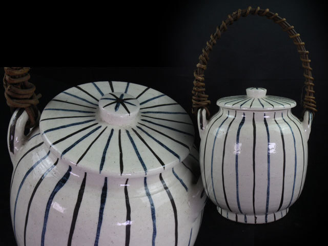 CW125 時代物【東製】薩摩焼 錫蓋 色絵 菊竹雀文 茶壺 高10.7cm 木箱附
