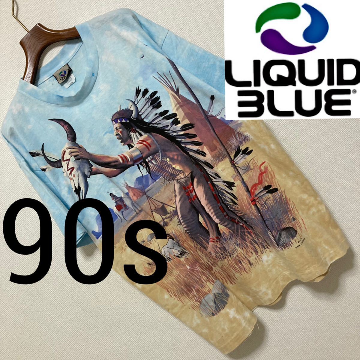 90s◇LIQUID BLUE リキッドブルー◇ネイティブインディアン Tシャツ L 