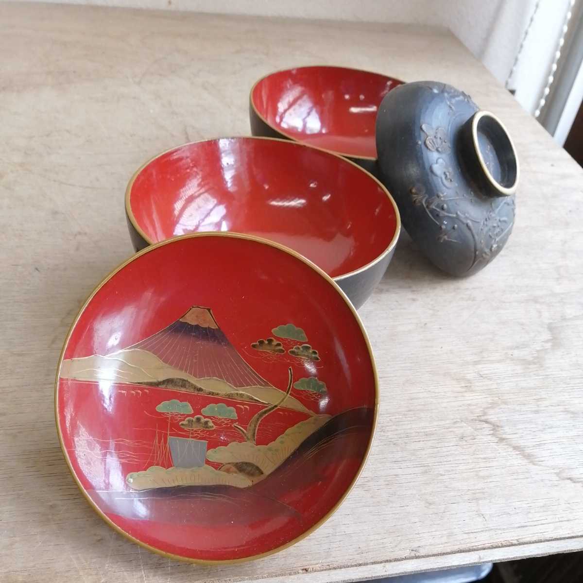 時代蒔絵 天然木製漆塗 黒塗金蒔絵 富士山 松と帆掛舟 菓子皿 生活 