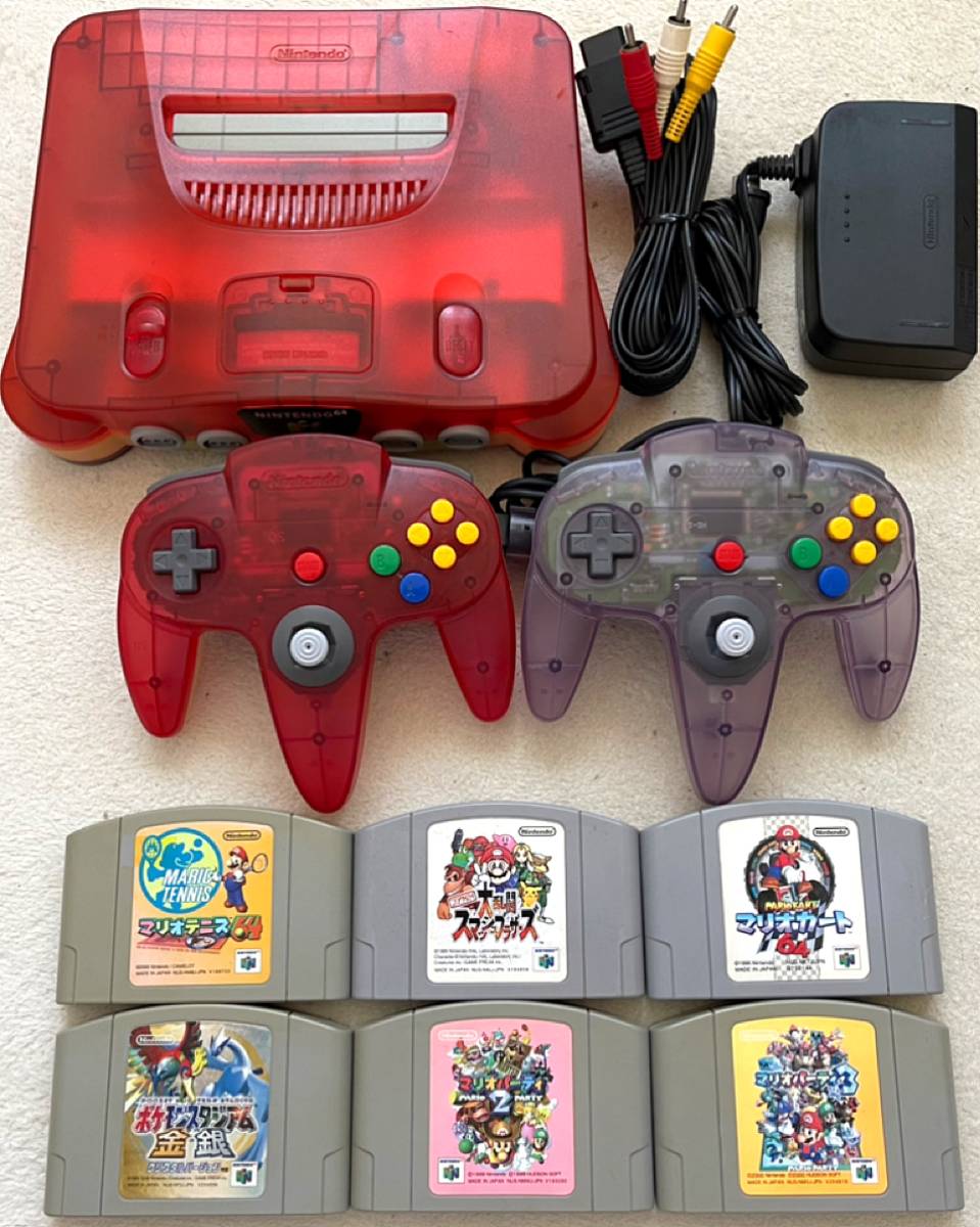 定番，100%新品 み N64 ニンテンドウ64 ニンテンドー 本体 クリアレッド＋スマッシュブラザーズ マリオカート64 マリオテニス64等6本(本体、アクセサリー)｜売買されたオークション情報、yahooの商品情報をア 本体、アクセサリー