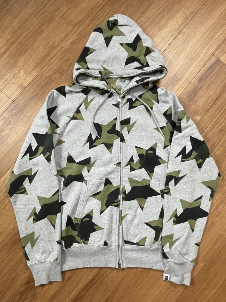 A BATHING APE アベイシングエイプ sta スター ジップアップ スウェット パーカー グレー/猿迷彩 1st camo ファーストカモ サイズM