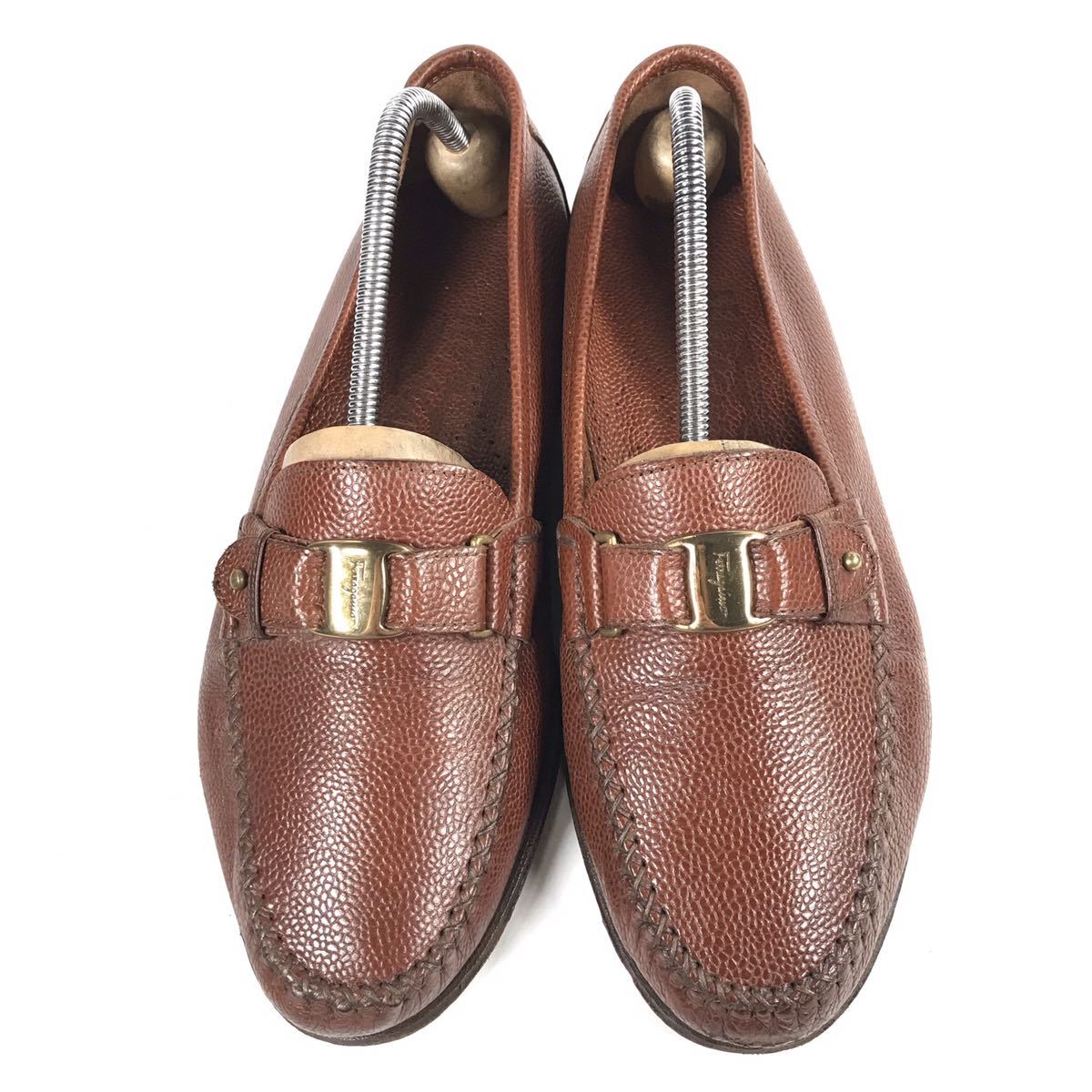 フェラガモ】本物 Ferragamo 靴 25.5cm 茶 ヴァラ金具 ローファー 