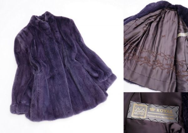 MD0859◇美品◇金サガ/ロイヤルサガ/ROYAL SAGA*ミンク/MINK*裏:馬車/ロープ刺繍*高級本毛皮*ファー ハーフコート*F/着丈70*パープル