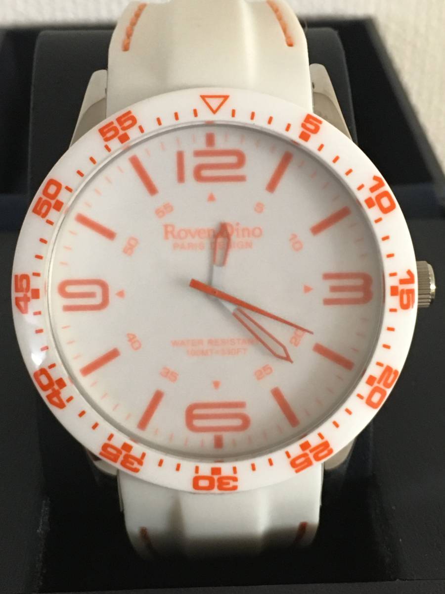1円～ 未使用　Roven Dino RD3253-1 ロマンディーノ ラバーベルト メンズウォッチ ホワイト/オレンジ 可動品　箱なし_1