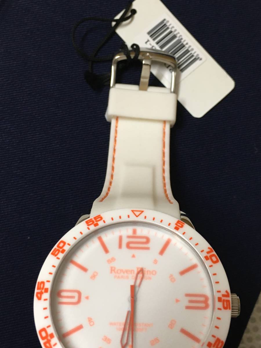 1円～ 未使用　Roven Dino RD3253-1 ロマンディーノ ラバーベルト メンズウォッチ ホワイト/オレンジ 可動品　箱なし_9