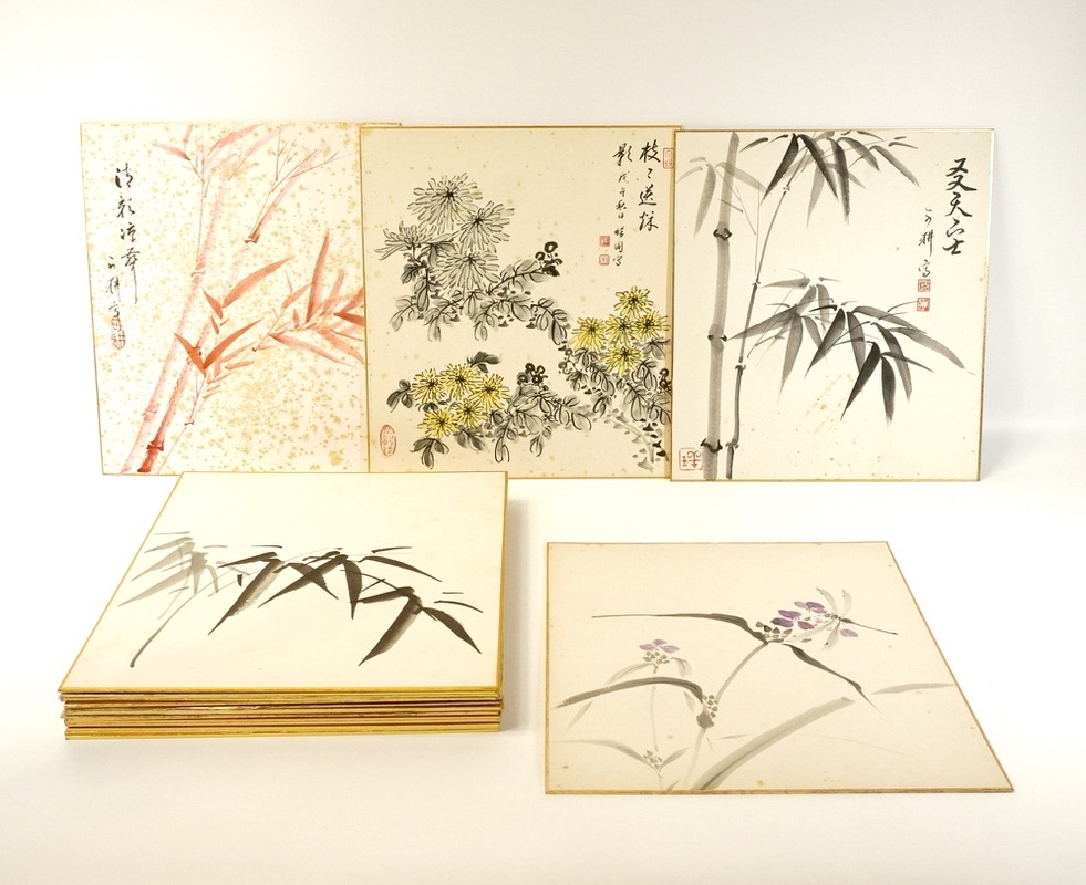 味わいの手描き色紙絵 20枚 在銘品 茶道具 肉筆 水墨 水彩画 草花 竹など多数 春夏秋冬・老若男女楽しめる素敵な絵 HYK