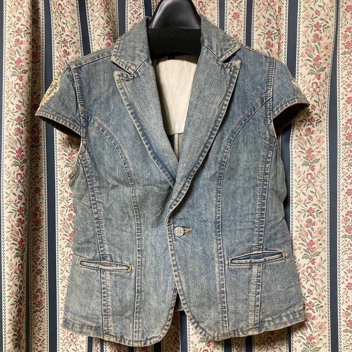 オゾンロックス デニム刺繍パブスリーブテーラードジャケット ショート 