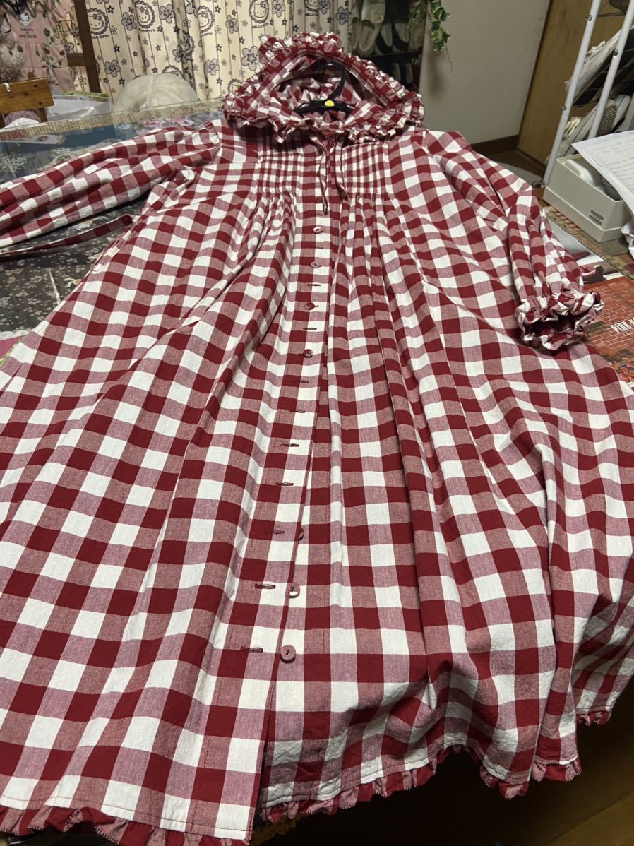 PH 1回着美品 秋冬ギンガムチェックフードワンピースコート フリー赤系 