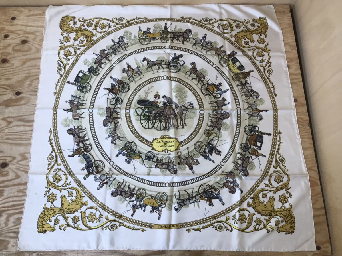 m ネコポスD LA PROMENADE DE LONGCHAMPS スカーフ　大判　エルメス　HERMES ロンシャンへの散歩　現状品　※シミや汚れなどの難多め