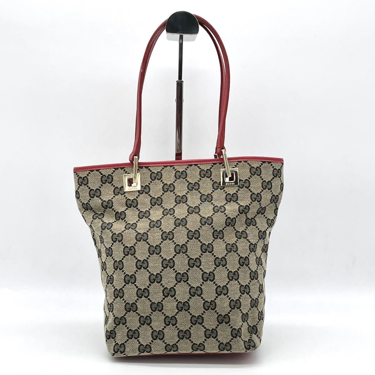 1円 美品 GUCCI グッチ GGキャンバス×レザー レッド 赤 トートバッグ 