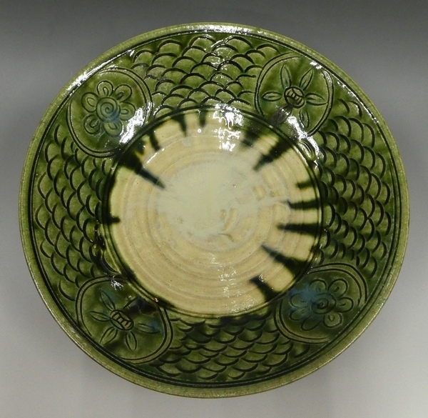 黄瀬戸 織部焼 中鉢 木箱入り 加藤芳右衛門作 希少品 美術品 -