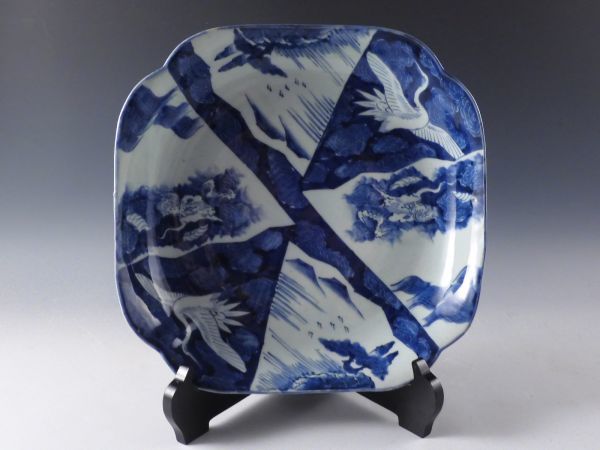 ■匠■古伊万里 染付 扇窓絵 雲龍 鳥山水文 大飾皿 31cm 無傷完品 江戸期 33kw72
