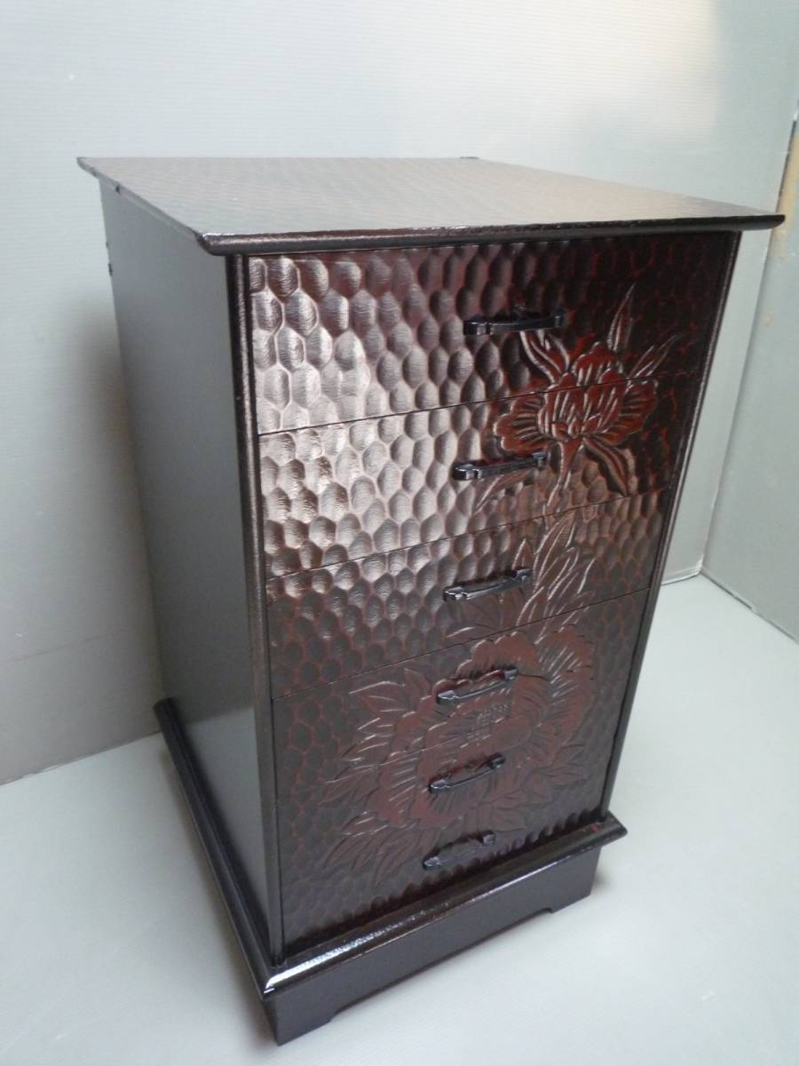 金正堂》鎌倉彫り牡丹花模様彫刻六杯引出箱 整理箱 小物