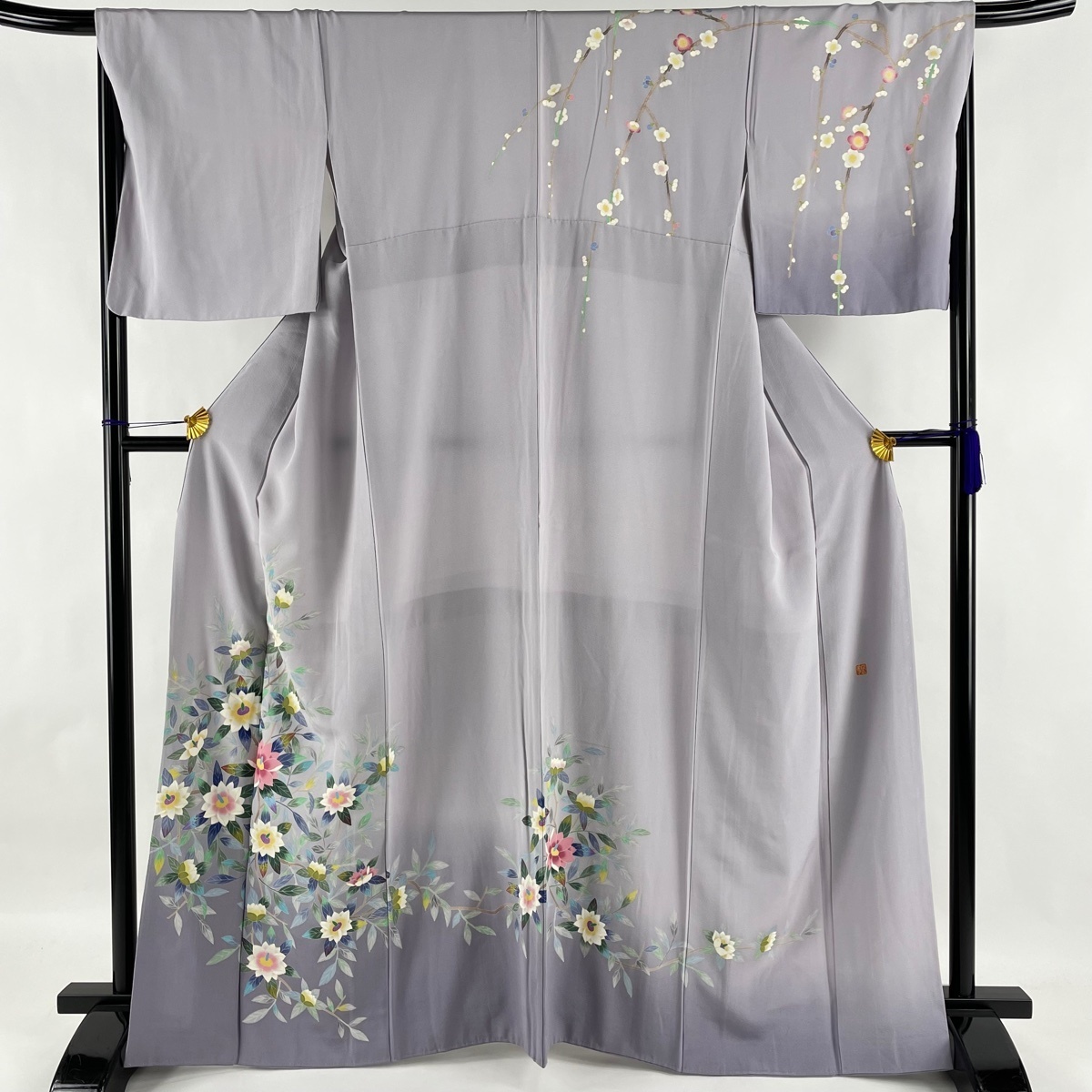 訪問着 美品 秀品 落款 お母さん向け 枝花 枝垂れ梅 裾ぼかし 薄紫 袷 165.5cm 69cm L 正絹 【中古】 ☆☆☆