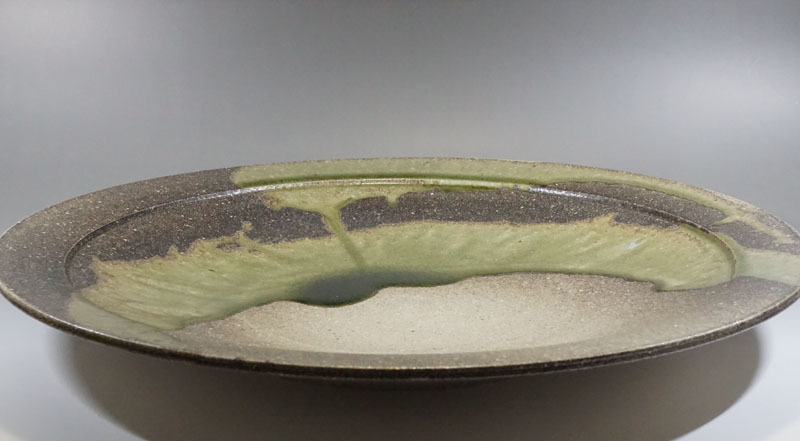 L317◇大作 【竹内公明】造 灰釉大皿 共箱付 直径56.5cm 一