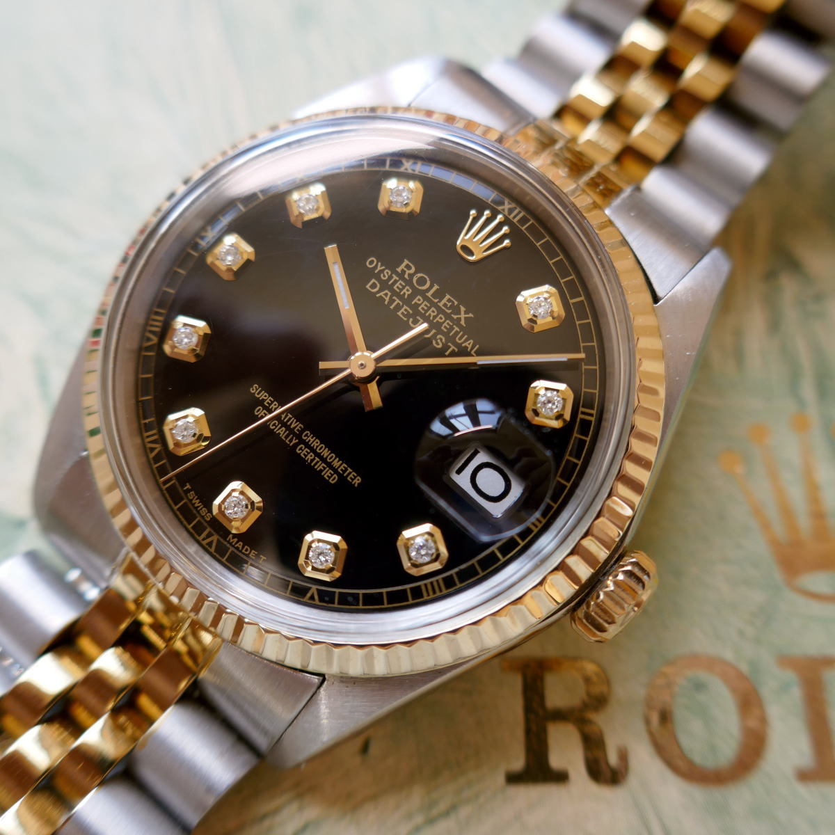 品質保証，2026 1年保証 本物保証 極 ROLEX デイトジャスト 10Pダイヤ ブラック文字盤 R1601 OH済(本体)｜売買されたオークション情報、yahooの商品情報をアーカイブ公開 - オークファン デイトジャスト