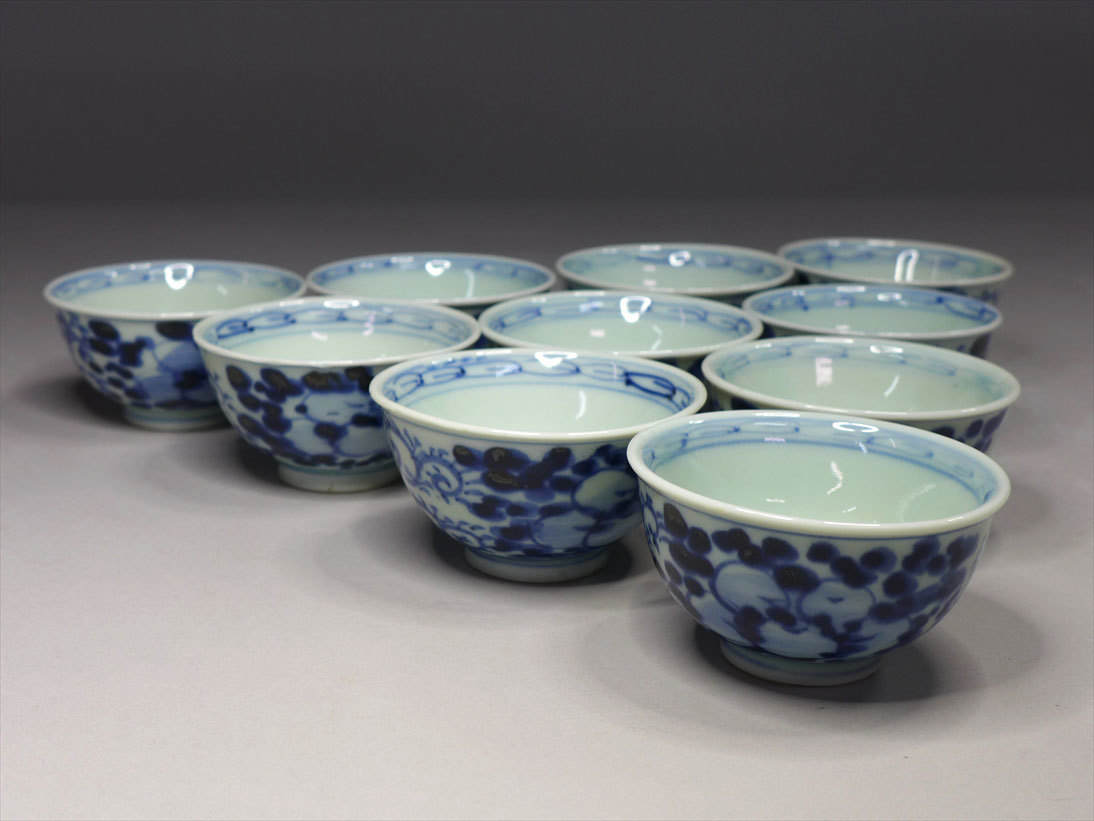 ○中国古玩 唐物 煎茶道具 新渡染付煎茶碗10客 青