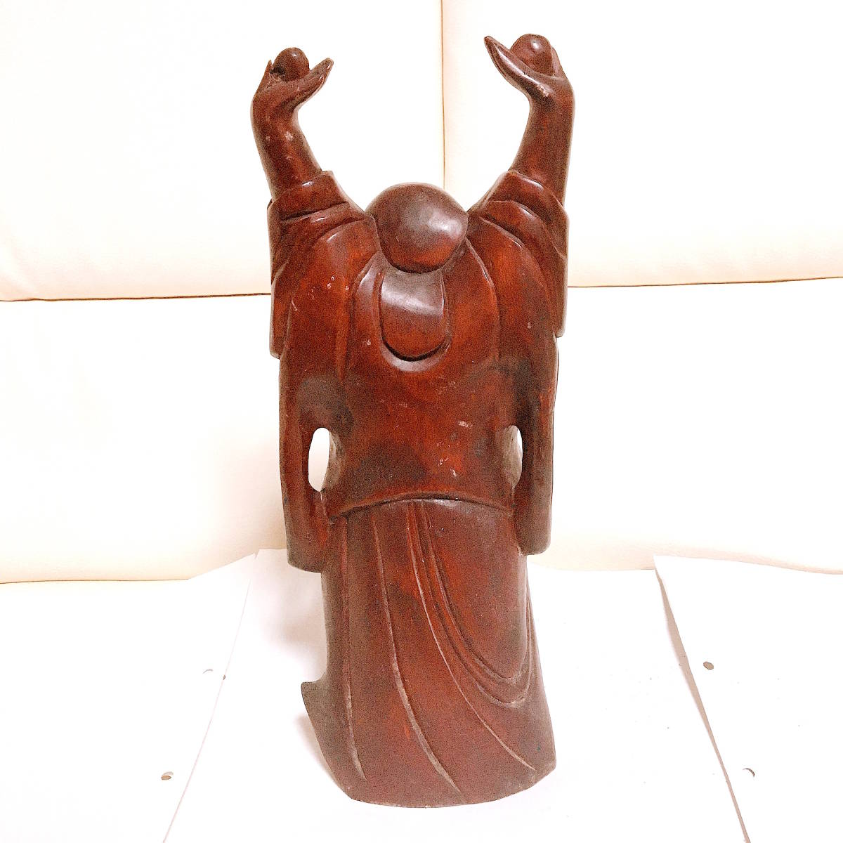 売切り【着払】木彫り 彫刻 七福神/千客万来 商売繁盛 布袋像 玉 両手 