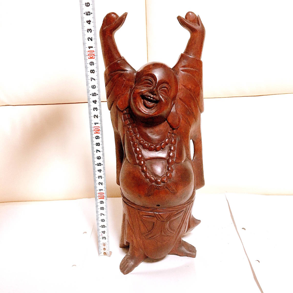 売切り【着払】木彫り 彫刻 七福神/千客万来 商売繁盛 布袋像 玉 両手 