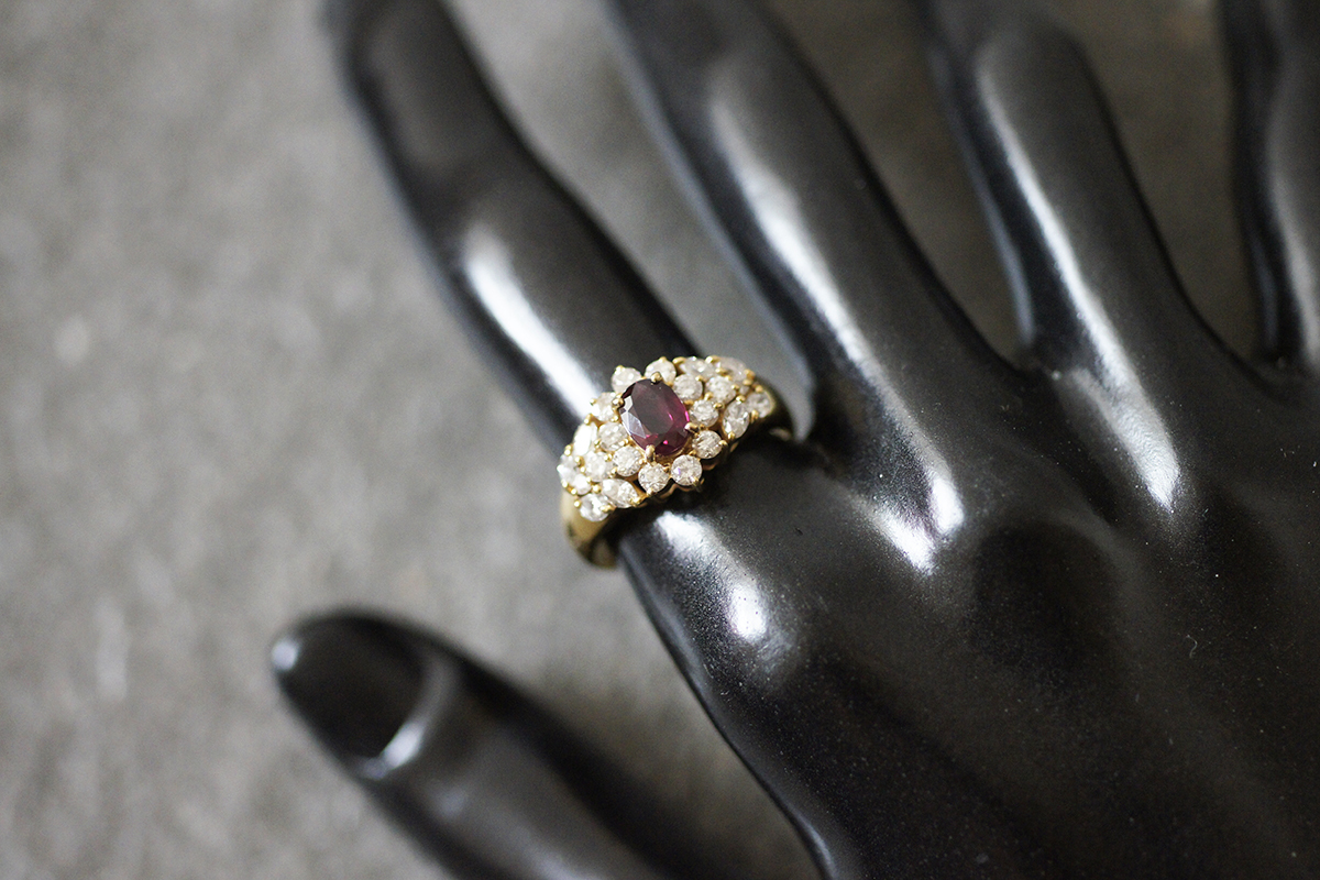 K18 YG ルビー 0.82ct 天然 ダイヤモンド 0.98ct ヴィンテージ リング 