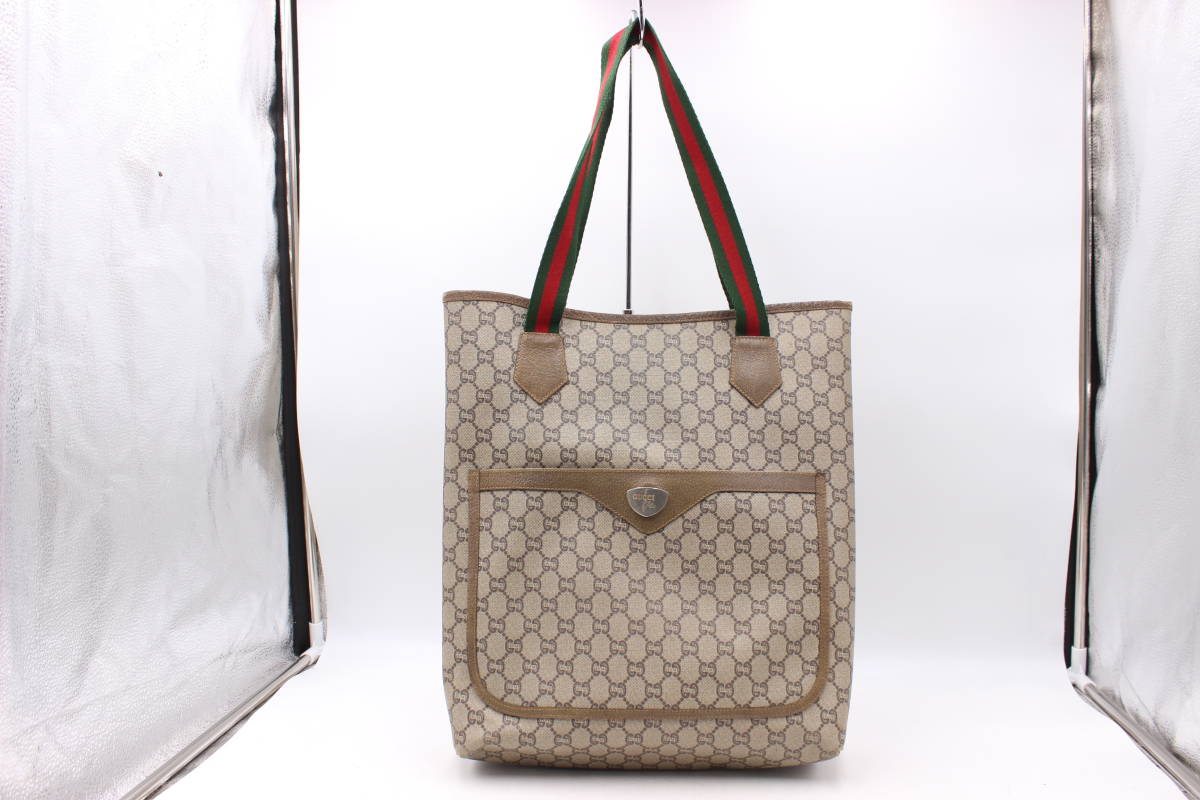 【送料無料】【1円～】 OLD GUCCI PLUS/オールド グッチ プラス トートバッグ PVC ヴィンテージ ショルダー GG柄 ブラウン シェリーライン