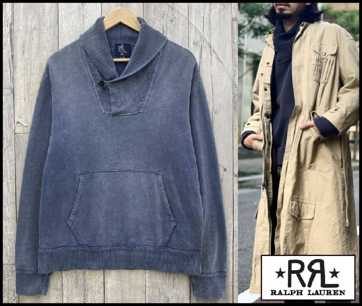 新作入荷，安い RRL ダブルアールエル Ralph Lauren ラルフローレン インディゴ染め 藍染め ヴィンテージ加工 ショールカラー スウェット トレーナー L(トレーナー)｜売買されたオークション情報、yahooの商品情 男性用