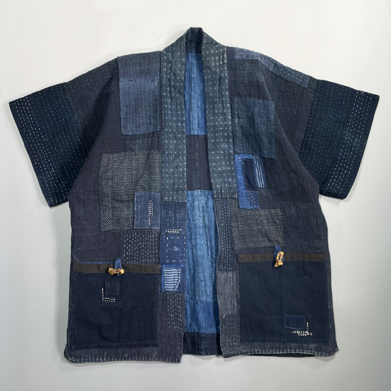 刺し子　半纏　藍染め　絞り　骨董　古布 野良着 刺し子 襤褸 木綿 半纏 藍染 古布 裂織 F）昔の 古布ぼろ ボロ 絣