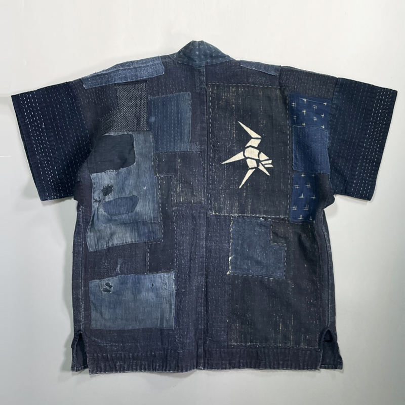 野良着 刺し子 襤褸 木綿 半纏 藍染 古布 裂織 F）昔の 古布ぼろ ボロ 絣