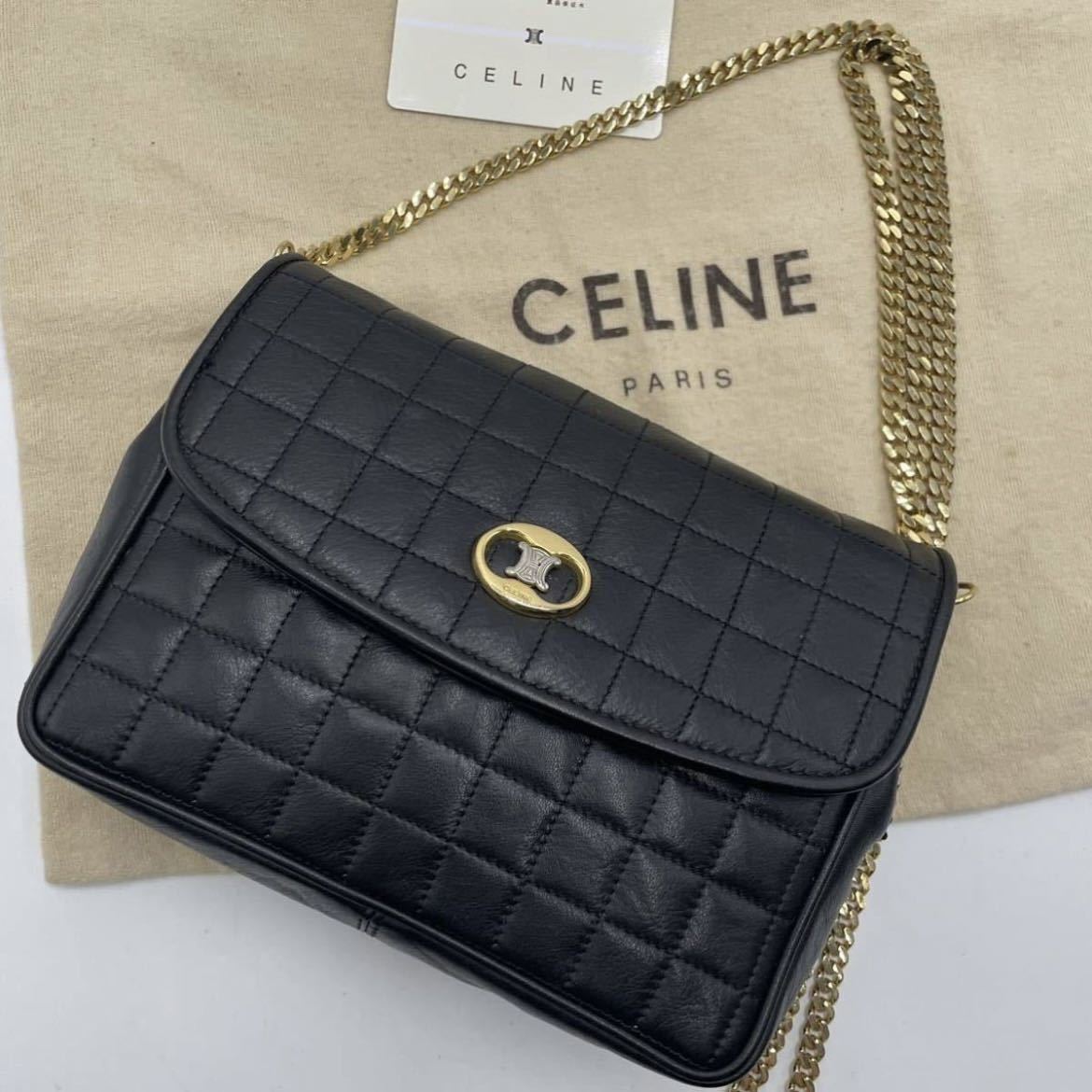 ●美品●CELINE セリーヌ●マカダム●キルティング レザー 本革　トリオンフ●ゴールドチェーン ショルダー バッグ●白●ヴィンテージ